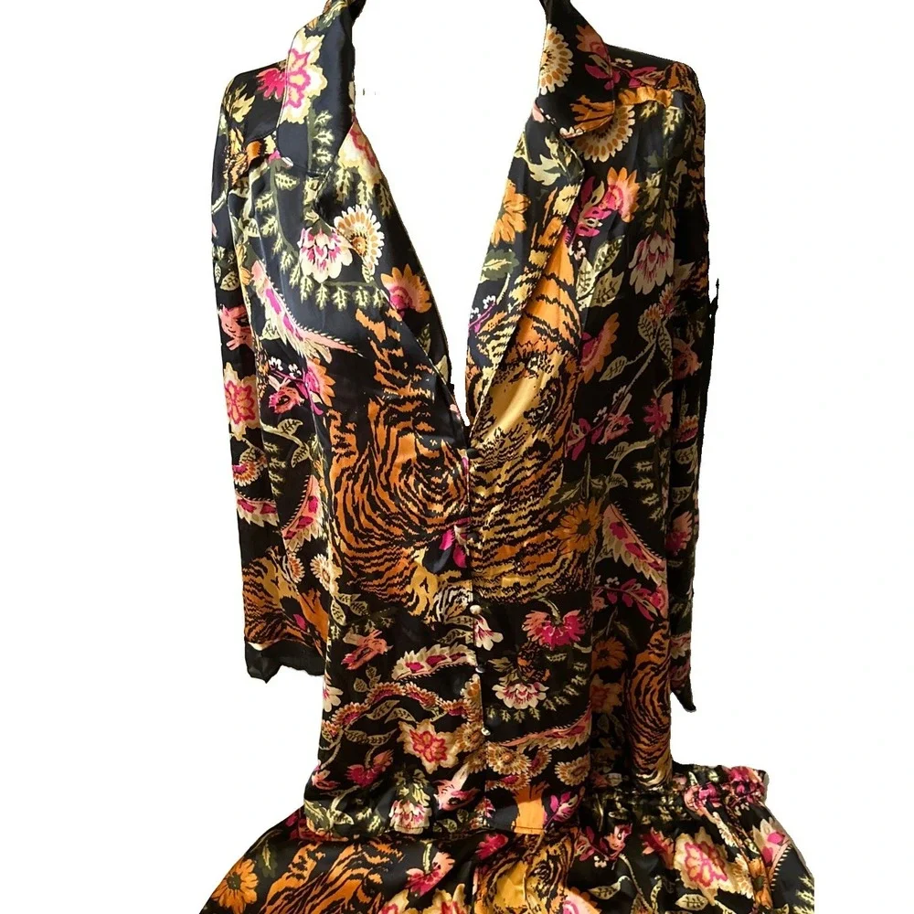 FREE PEOPLE Dreamy Days Pajama Set Women's Plus Size 2XL Tiger & Botanical Print